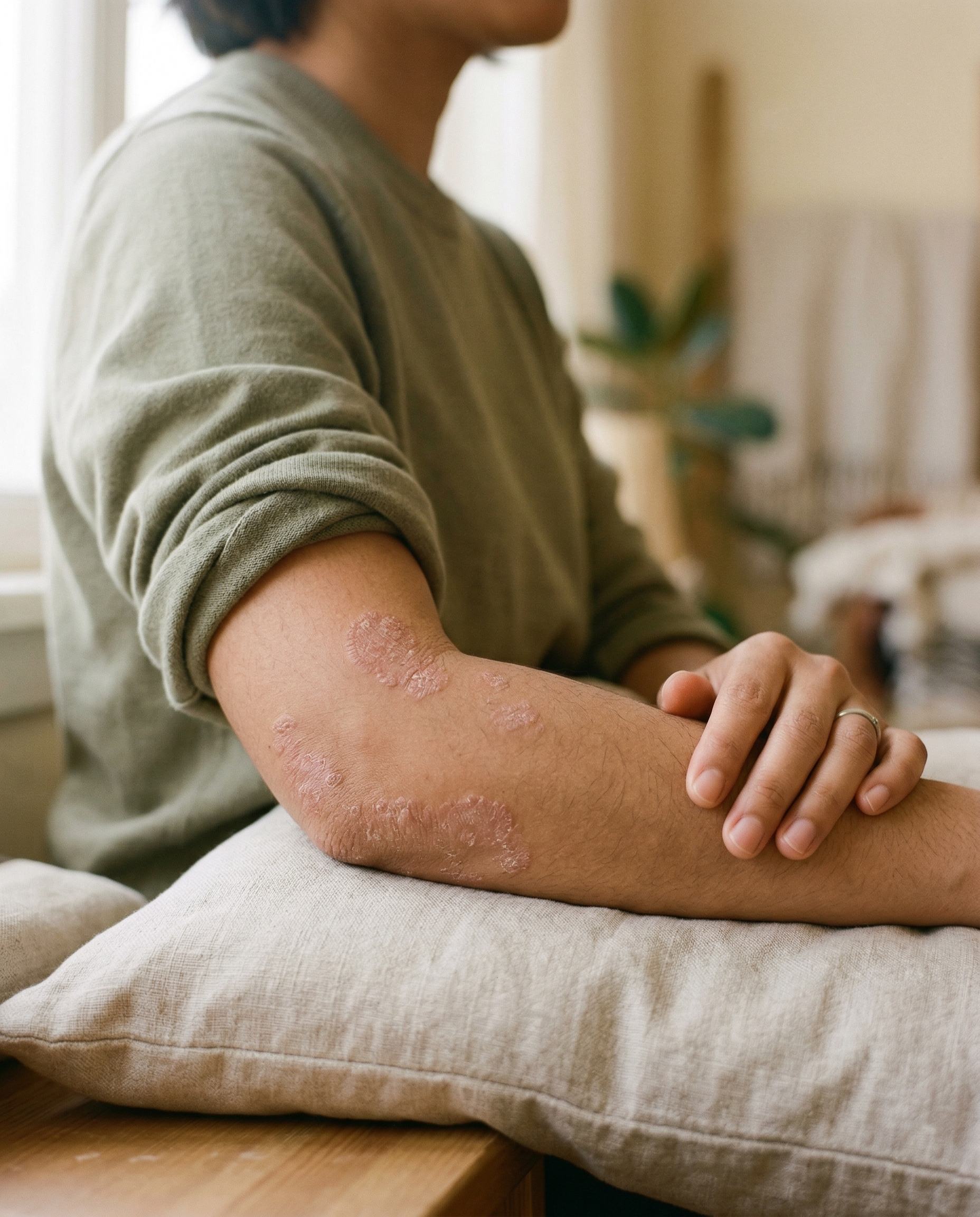 ผิวสะเก็ดเงิน (Psoriasis) บนแขน — อาการที่พบบ่อย